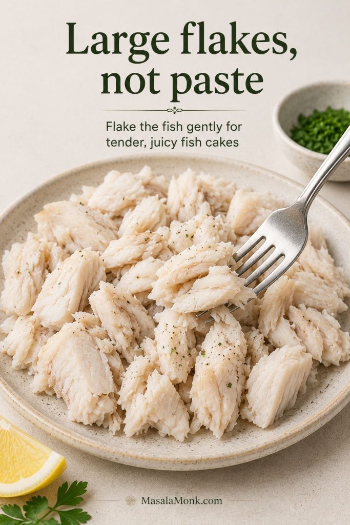 Cooked cod being flaked into large pieces with a fork for fish cakes