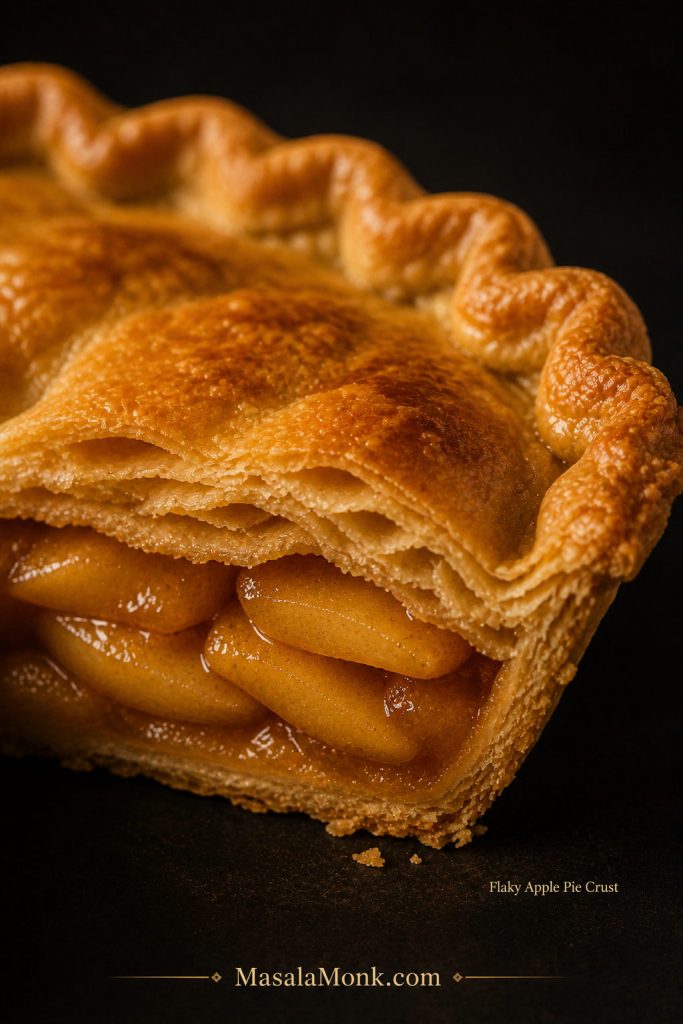 Close-up of flaky golden apple pie crust layers with glossy apple filling inside.