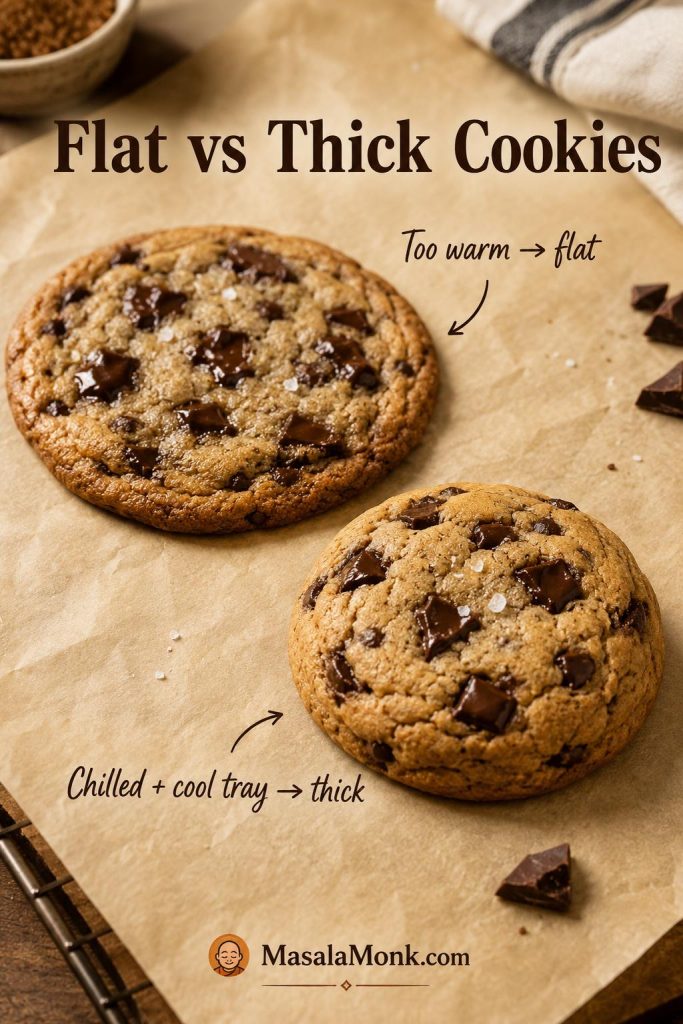 Flat brown butter chocolate chip cookie compared with a thicker cookie, showing warm dough versus chilled dough on a cool tray.