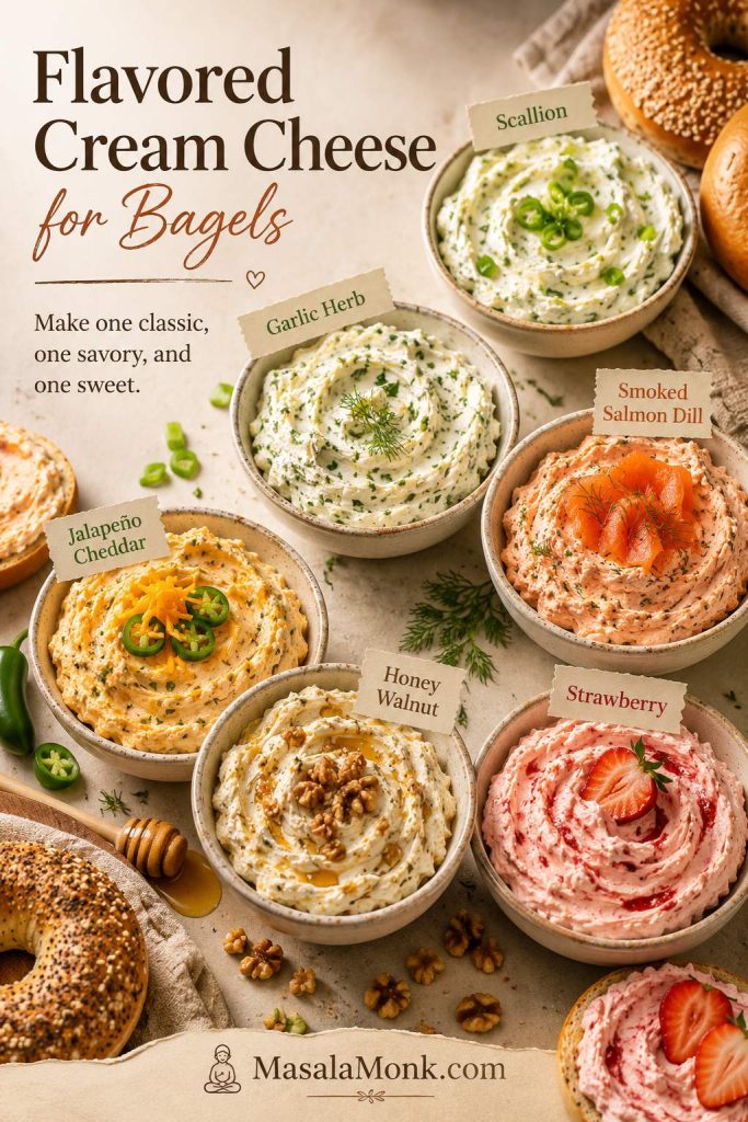 Flavored cream cheese bowls for bagels, including scallion, garlic herb, smoked salmon dill, jalapeño cheddar, honey walnut, and strawberry.