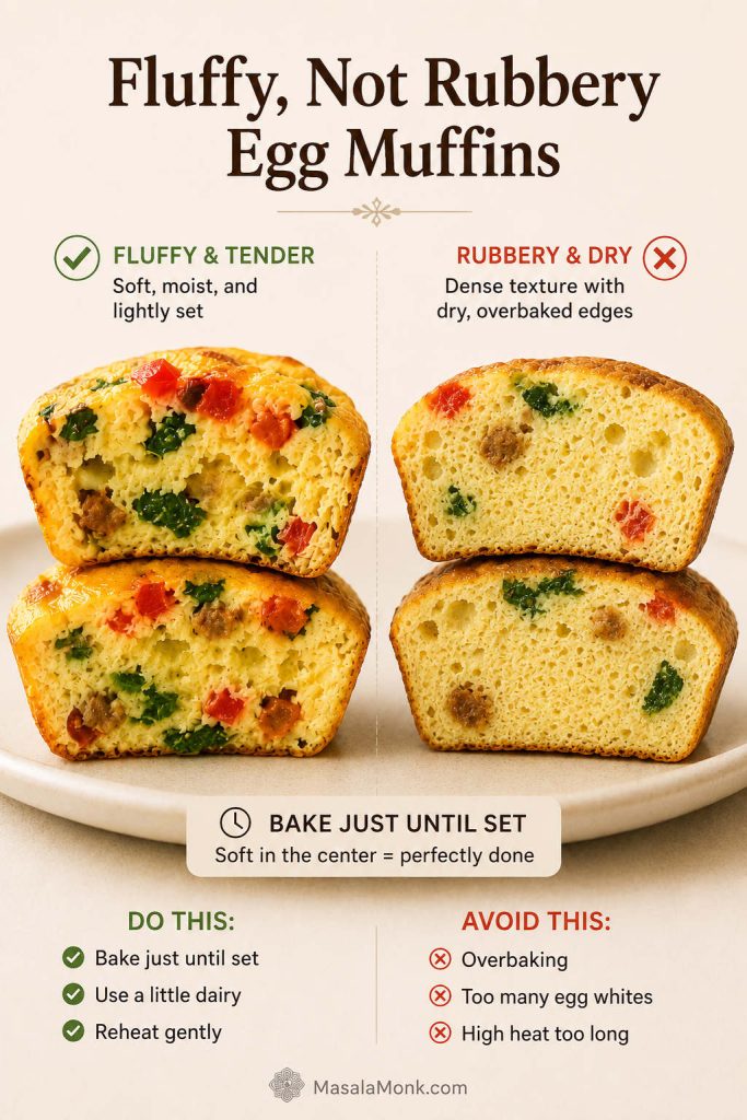 Fluffy egg muffins compared with dry, rubbery egg muffins, with tips to bake just until set, use dairy, and reheat gently.
