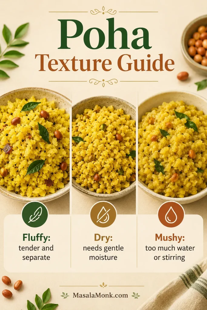Comparison of fluffy poha, dry poha, and mushy poha in three bowls.