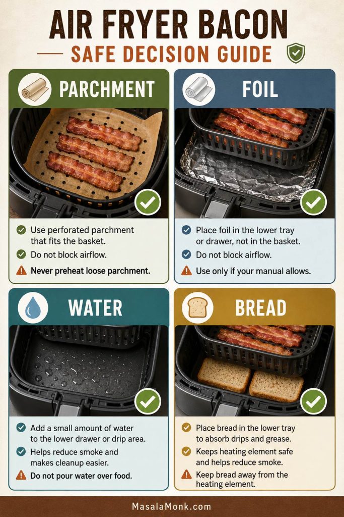 Air fryer bacon safety guide showing perforated parchment, foil in the lower tray, a small amount of water in the drawer, and bread below the basket.
