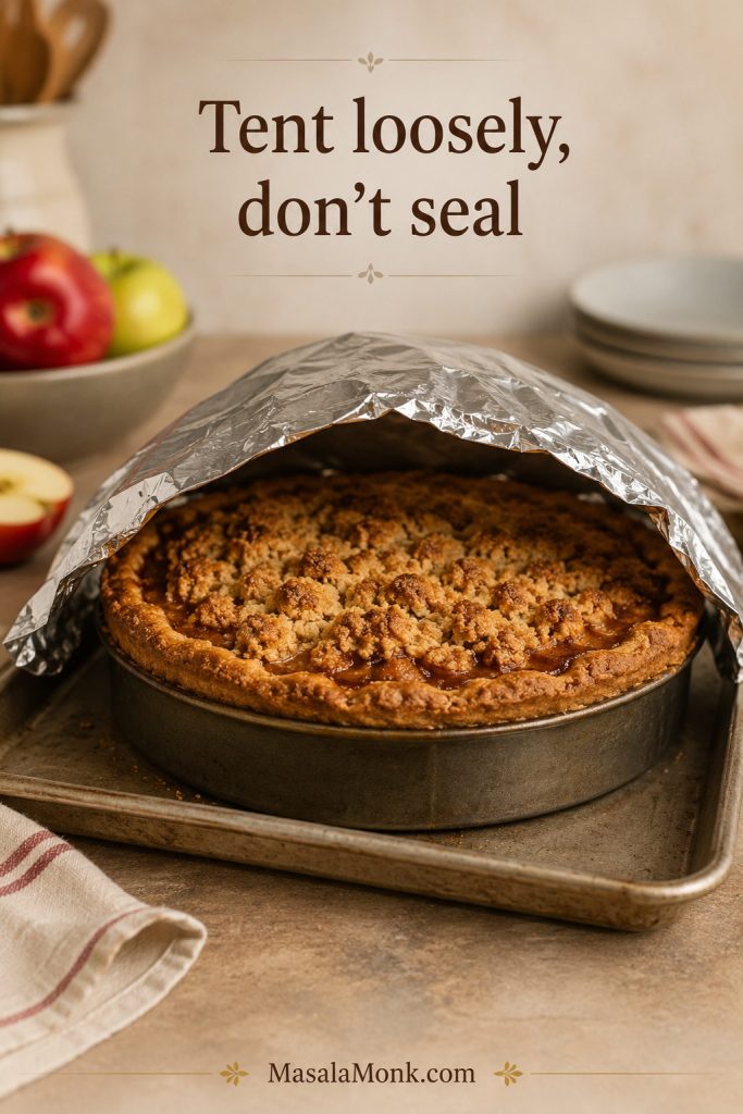 Dutch apple pie on a baking sheet with foil loosely tented over the browned crumb topping.