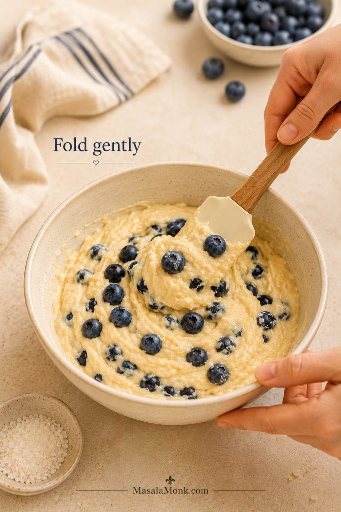 Blueberries being gently folded into golden muffin batter with a spatula.