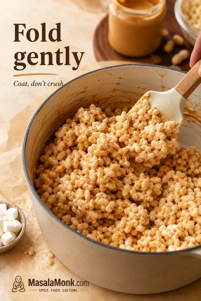 Crisp rice cereal being folded gently into a glossy marshmallow peanut butter base with a spatula.
