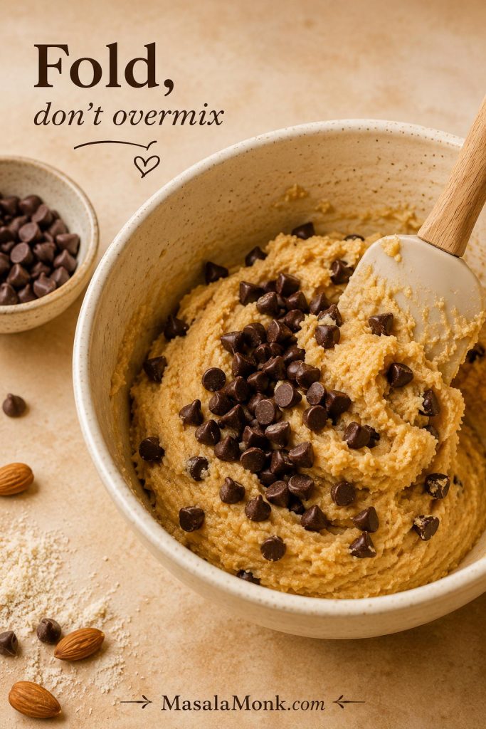 Chocolate chips being folded into almond flour cookie dough with a spatula.