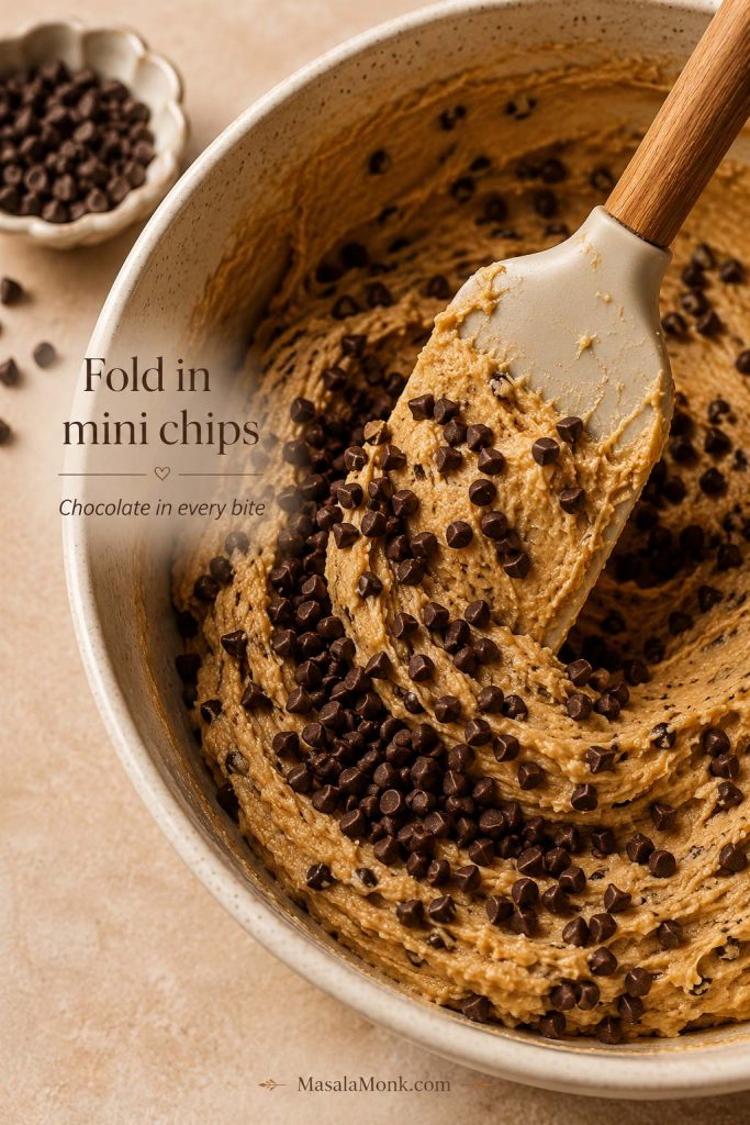 Mini chocolate chips being folded into thick protein cookie dough so the chips spread evenly through the bowl