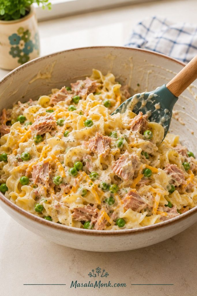 Tuna, peas, cheddar, egg noodles, and creamy sauce being folded together in a mixing bowl.