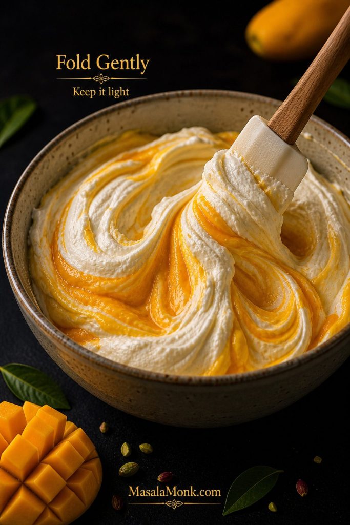 Spatula folding whipped cream into mango cheesecake filling with visible pale and orange swirls.
