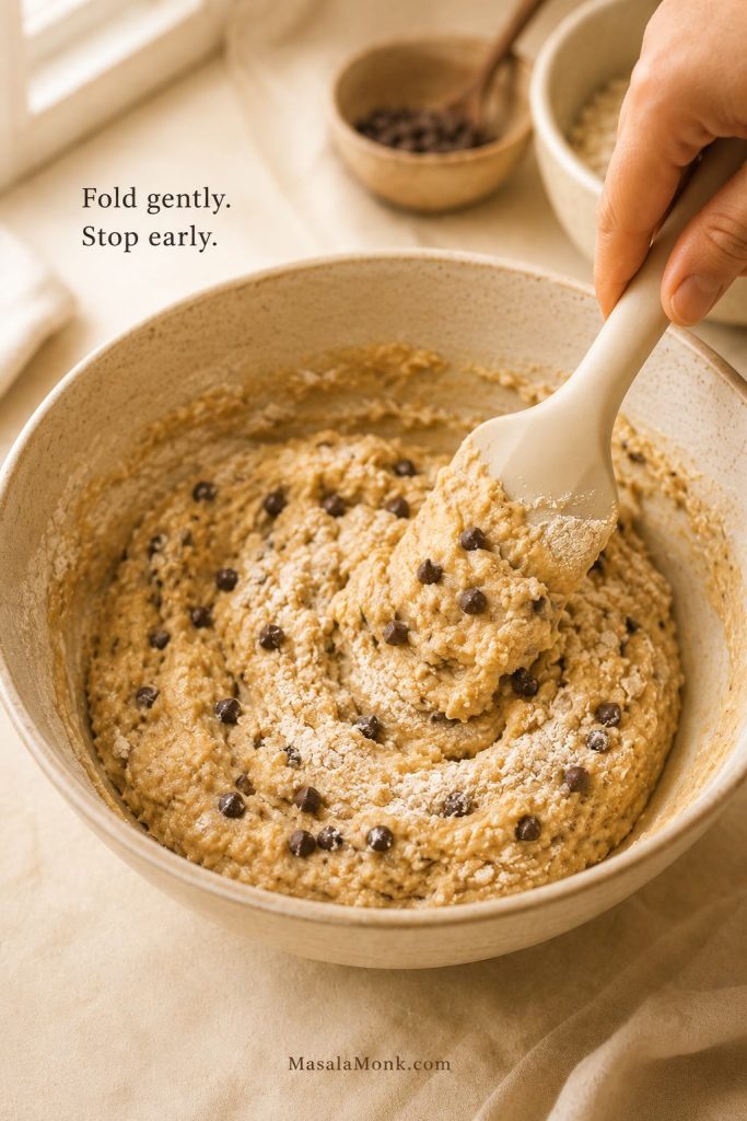 High protein muffin batter being gently folded with a spatula before overmixing.