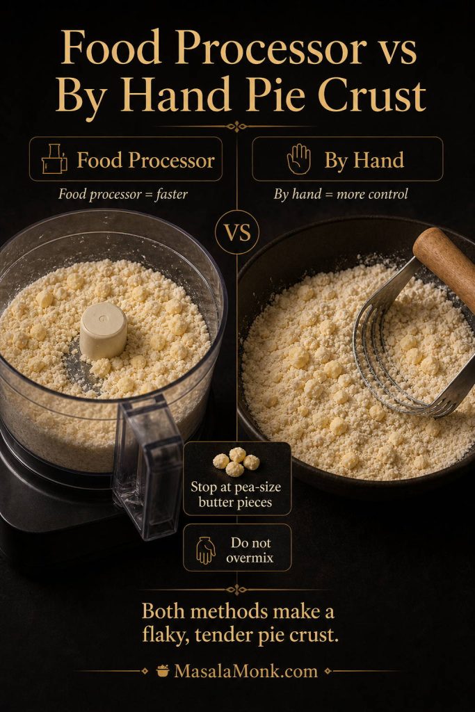 Comparison board showing pie crust made in a food processor and by hand, with pea-size butter pieces and do-not-overmix reminders.