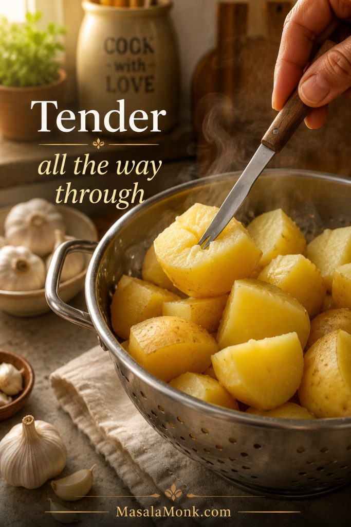 A fork testing a tender cooked potato chunk over a pot or colander.