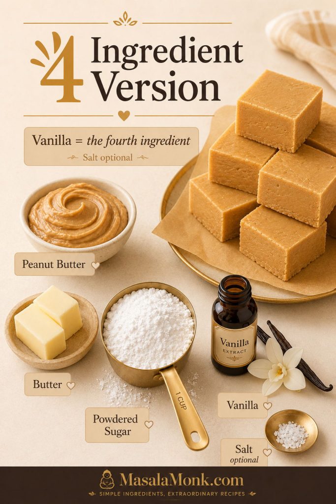 Four ingredient peanut butter fudge board showing peanut butter, butter, powdered sugar, vanilla, optional salt, and finished squares.