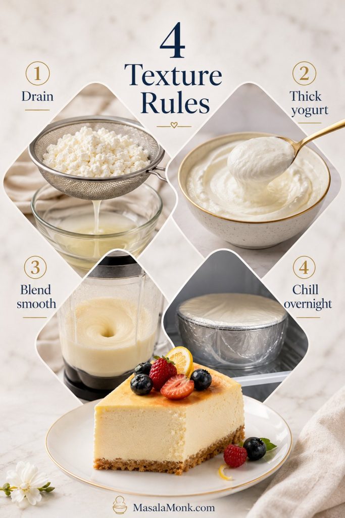 Four cottage cheese cheesecake texture rules showing draining, thick yogurt, smooth blending, and overnight chilling