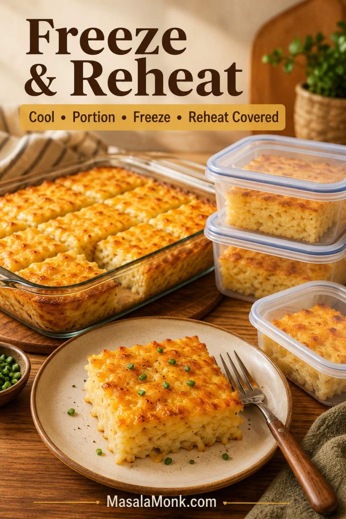 Hashbrown casserole portions in freezer-safe containers with a reheated serving on a plate.