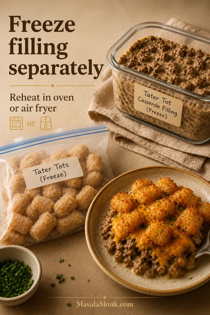 Freezer-safe container of tater tot casserole filling, separate frozen tots, and reheated serving on a plate