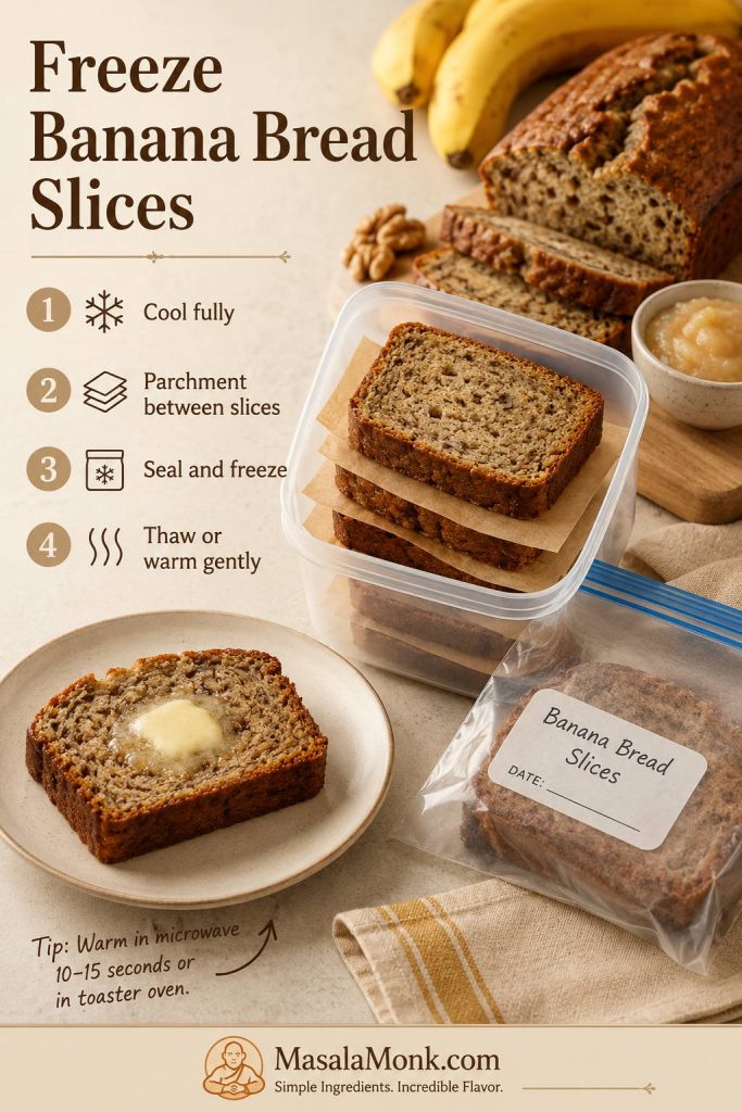 Freezing guide for banana bread slices showing parchment between slices, a freezer container, a freezer bag, and a warmed slice.