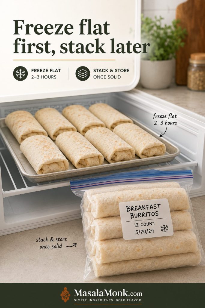 Wrapped breakfast burritos arranged flat on a freezer tray and stacked in a bag once solid.