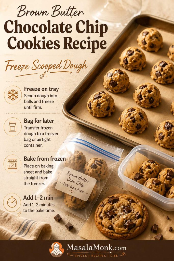 Scooped brown butter cookie dough on a tray with a freezer storage bag, container, baked cookie, and bake-from-frozen instructions.