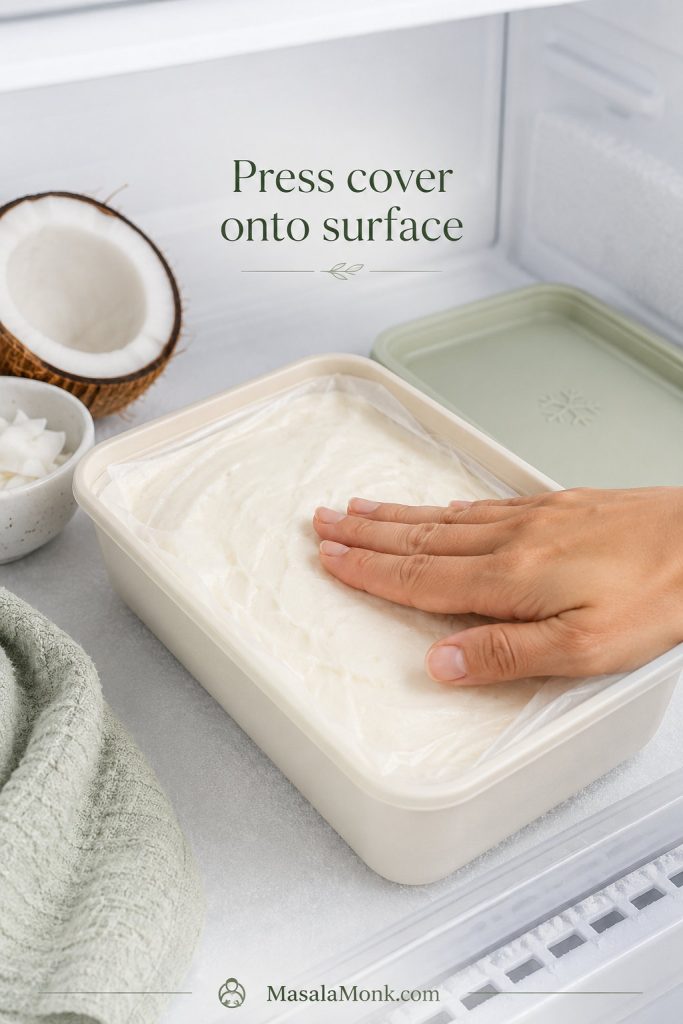 Coconut ice cream spread in a shallow freezer container with plastic wrap or parchment pressed directly onto the surface.