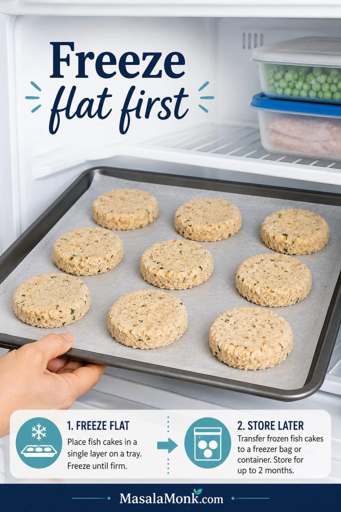 Breaded uncooked fish cakes spaced apart on a tray in the freezer before being stored