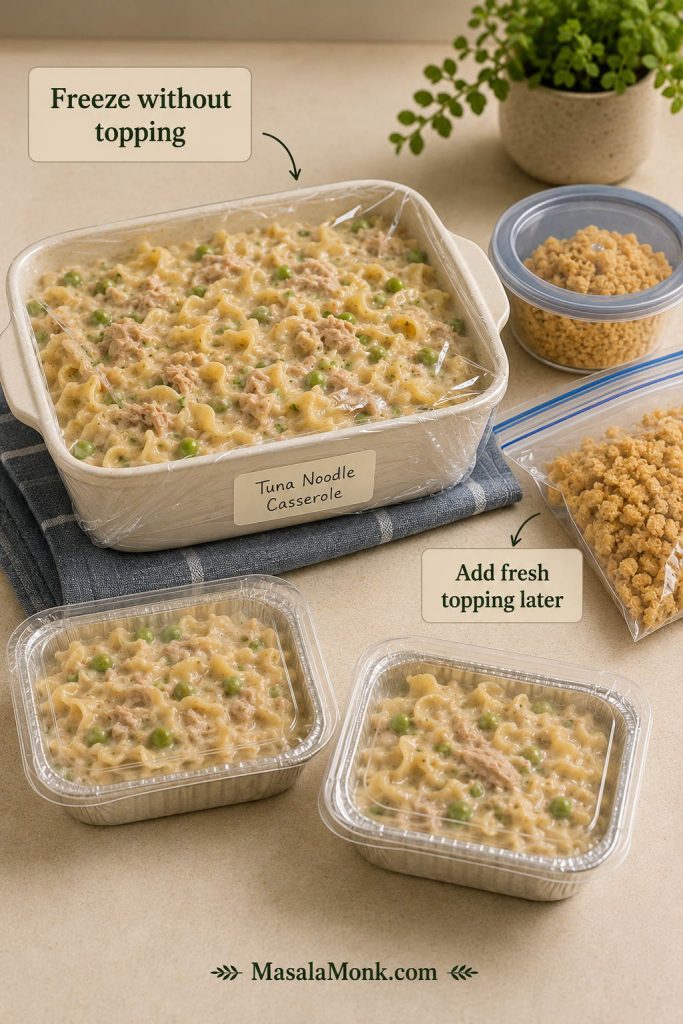 Freezer-ready tuna noodle casserole in containers with crunchy topping stored separately for later.