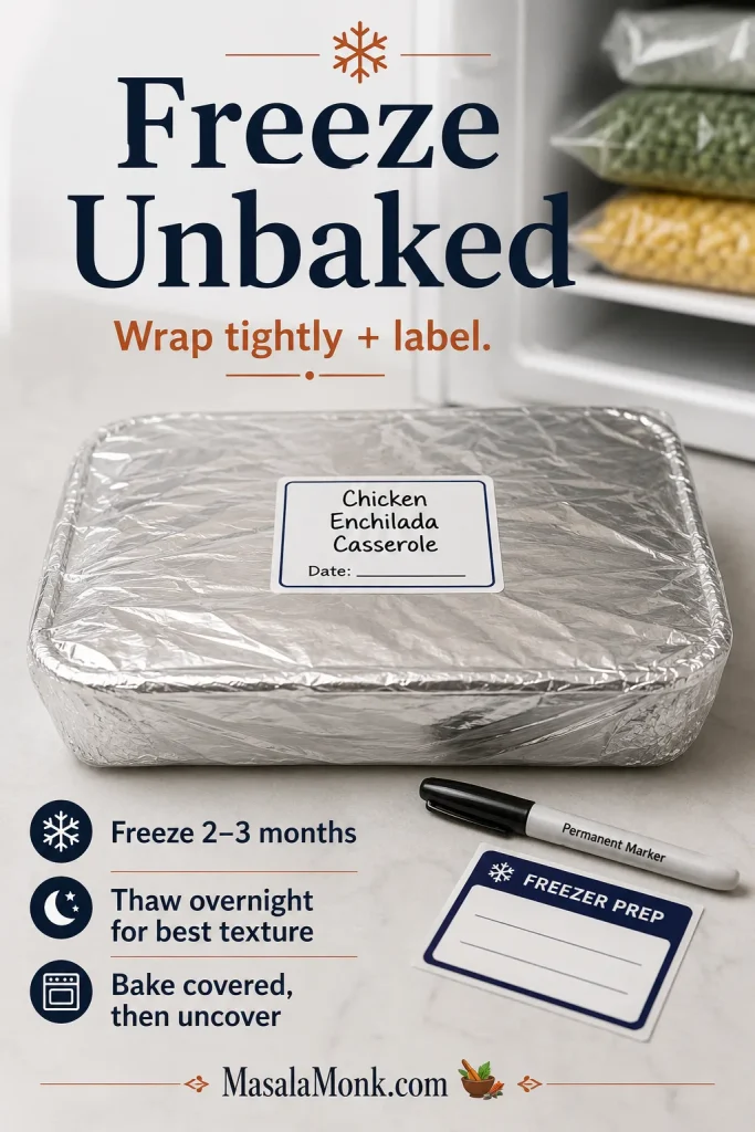 Unbaked chicken enchilada casserole wrapped tightly in foil with a freezer label, marker, and freezer-prep notes.
