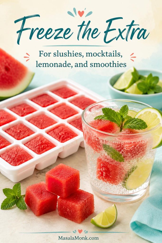 Frozen watermelon juice cubes in an ice cube tray with cubes added to a clear drink with lime and mint.