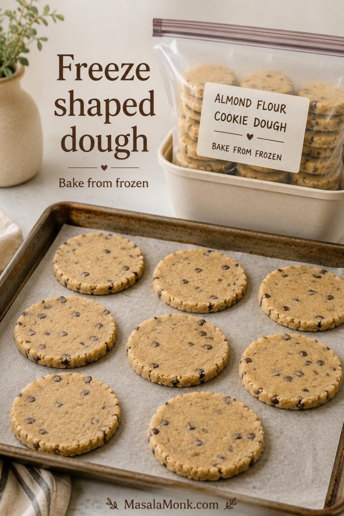 Flattened almond flour cookie dough portions on a tray with a labeled freezer bag behind them.