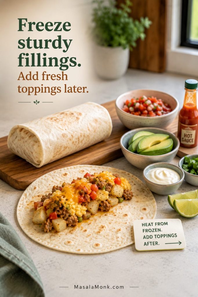 Freezer breakfast burrito with cooked filling inside and salsa, avocado, yogurt, lime, and cilantro kept outside until serving.