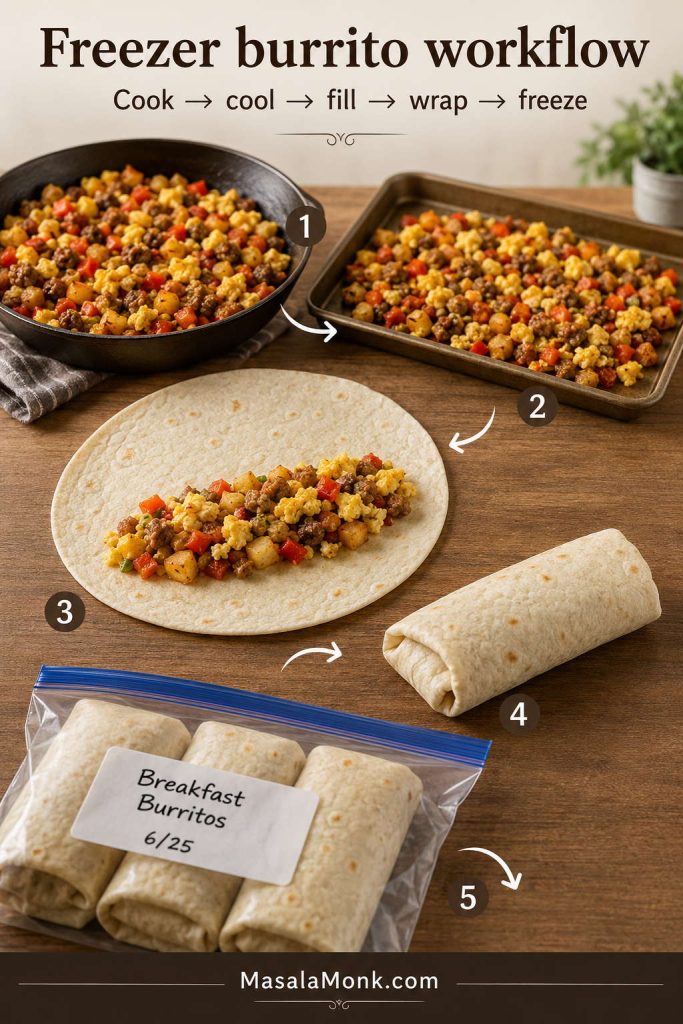 Workflow image showing cooked filling, cooled filling, burrito assembly, wrapping, and freezing steps