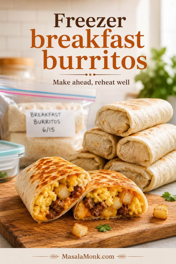 Wrapped freezer breakfast burritos beside one cut-open burrito and a freezer bag