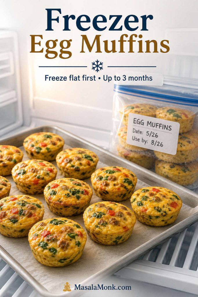 Egg muffins arranged on a tray in the freezer with a freezer bag of stored egg muffins behind them.