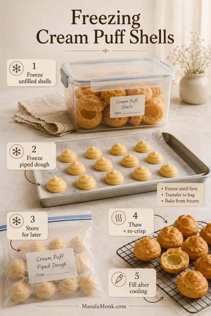 Freezing guide with unfilled cream puff shells in a container, piped choux dough on a tray, and baked shells cooling on a rack.