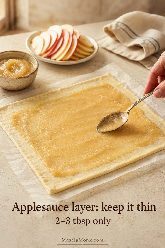 Thin applesauce layer spread over puff pastry before apple slices are added for French-style apple tart.