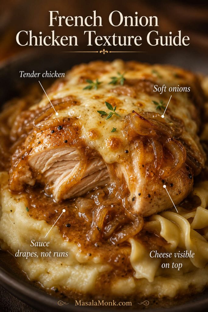 French onion chicken texture guide showing tender chicken, soft onions, melted cheese, and gravy draping over the food.