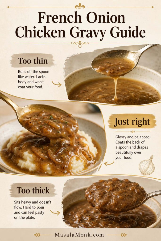 French onion chicken gravy guide showing too thin, just right, and too thick gravy textures.