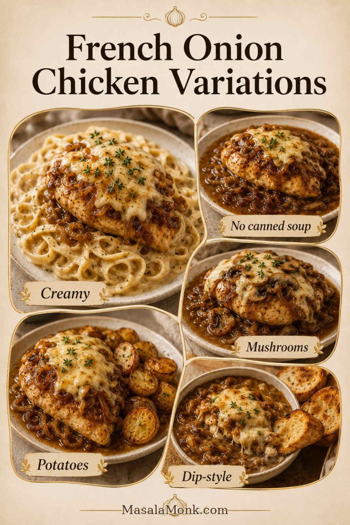 French onion chicken variations board showing creamy, no-canned-soup, mushroom, potato, and dip-style versions.