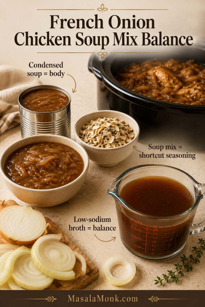 French onion chicken soup mix balance guide with condensed soup, dry onion soup mix, broth, onions, and slow cooker chicken.