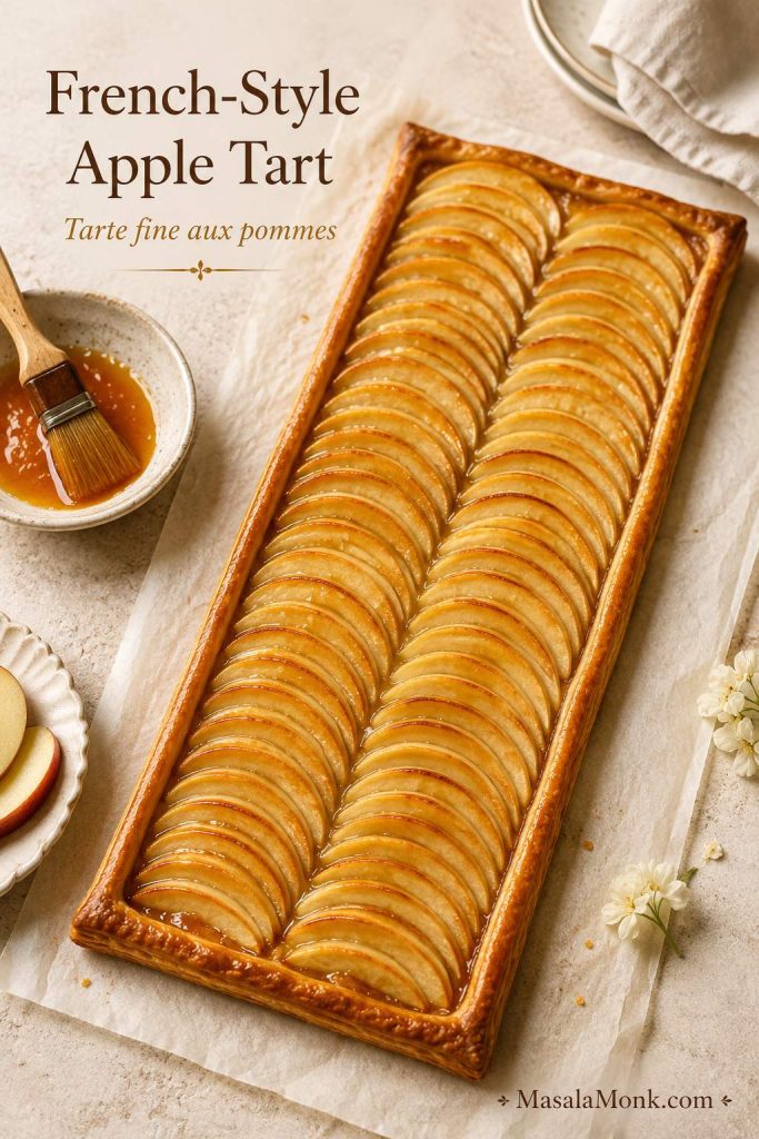 Thin French-style apple tart with overlapping apple slices, glossy glaze, and a slim puff pastry border.