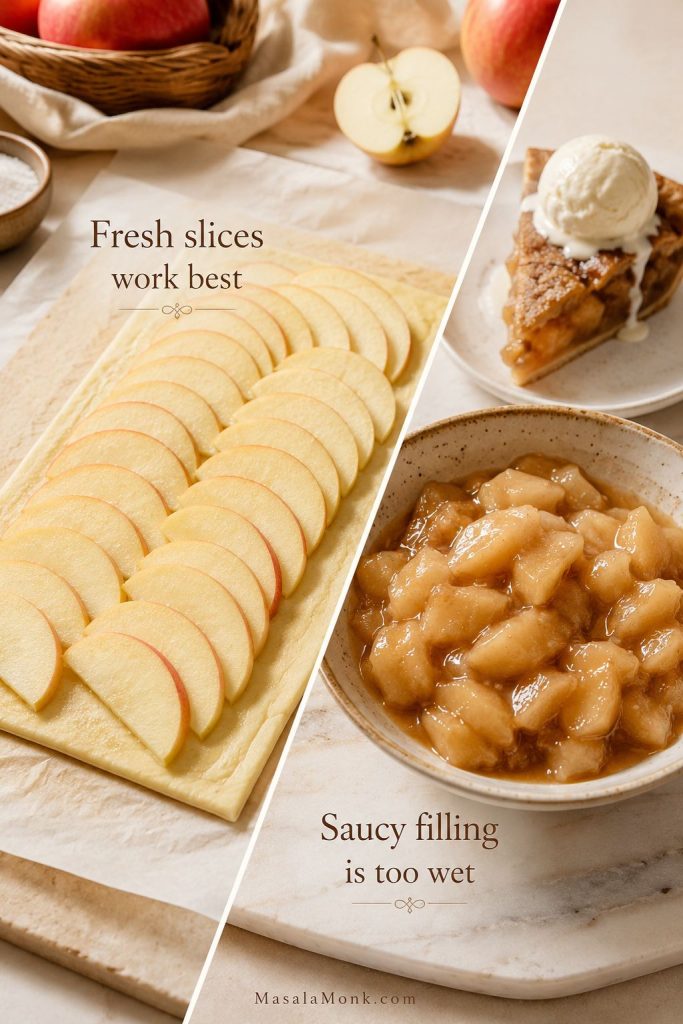 Fresh apple slices on puff pastry compared with saucy apple pie filling for an apple tart.
