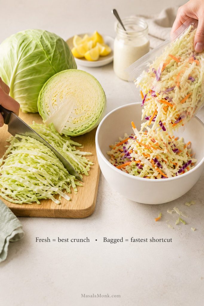 Fresh cabbage being sliced next to bagged coleslaw mix poured into a bowl.