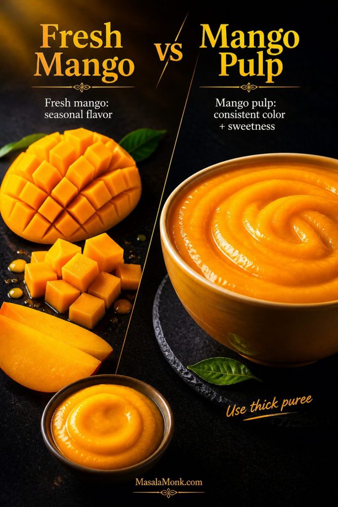 Comparison image showing fresh mango pieces and puree on one side and thick mango pulp in a bowl on the other side.