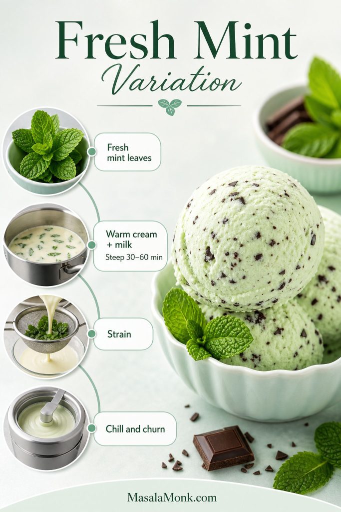 Fresh mint chocolate chip ice cream process showing mint leaves, warm cream and milk, straining, churning, and a finished scoop.