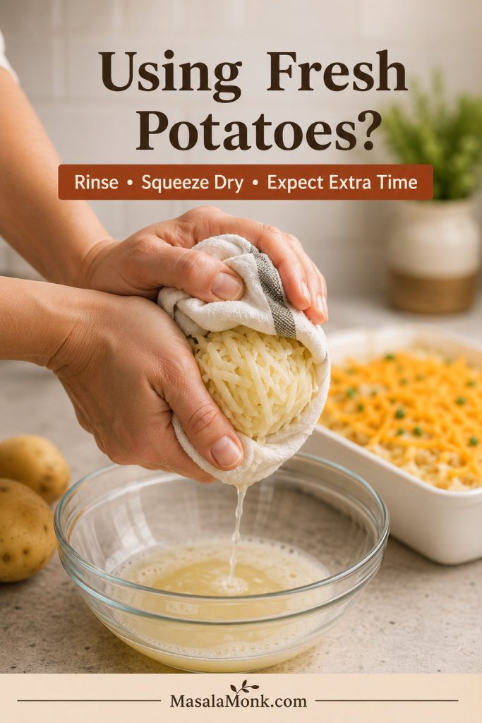 Fresh grated potatoes being squeezed dry in a towel before using in hashbrown casserole.