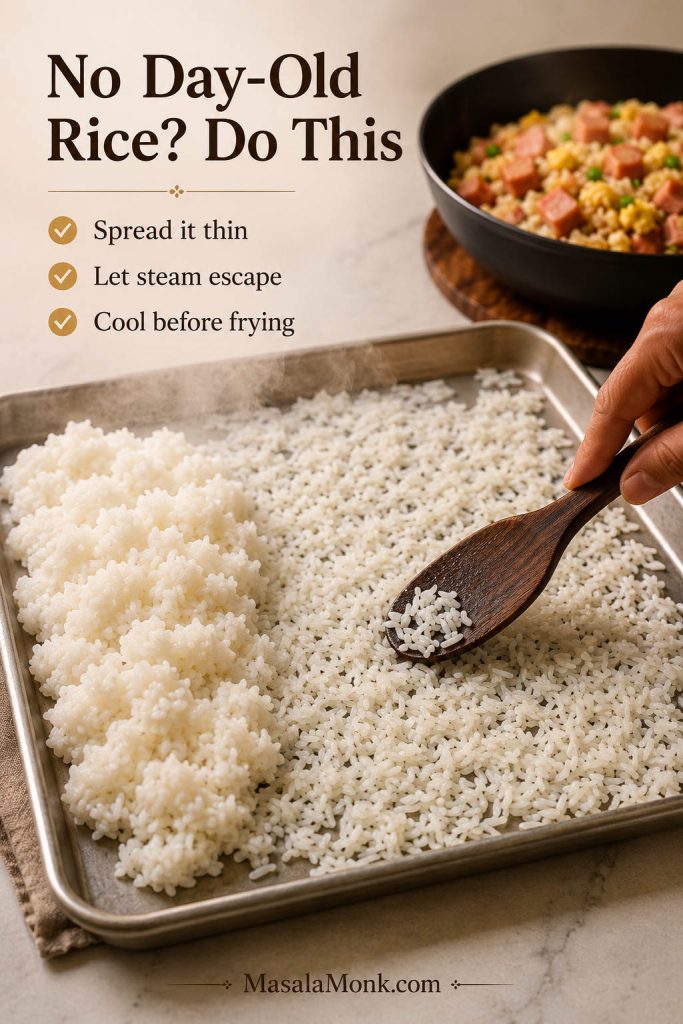 Freshly cooked rice spread thinly across a tray to cool before being used for fried rice.