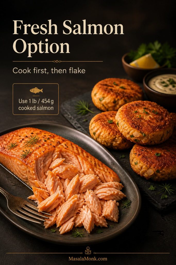 Cooked fresh salmon fillet flaked into pieces with salmon croquettes nearby