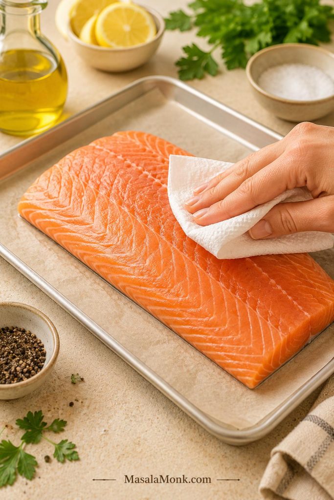Fresh salmon fillet on parchment with olive oil, salt, pepper, lemon, and a paper towel for drying