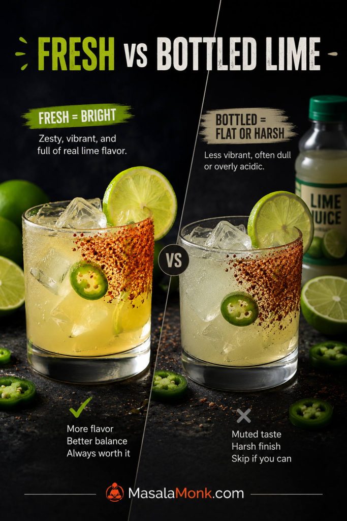 Fresh lime juice compared with bottled lime juice for making a spicy margarita.